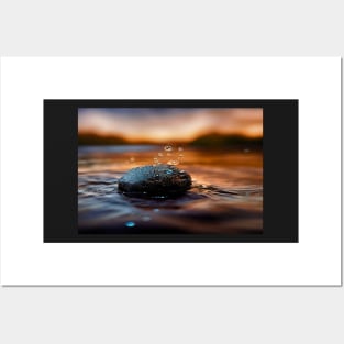 Rock In Water With Raindrops,In The Sunset, Macro Background, Close-up Posters and Art